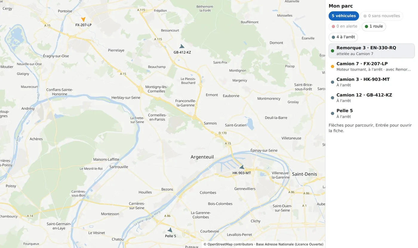 Carte « Mon parc » d’ULTRAMOV : cinq véhicules dans le Val-d’Oise, leur état et la liste du parc
