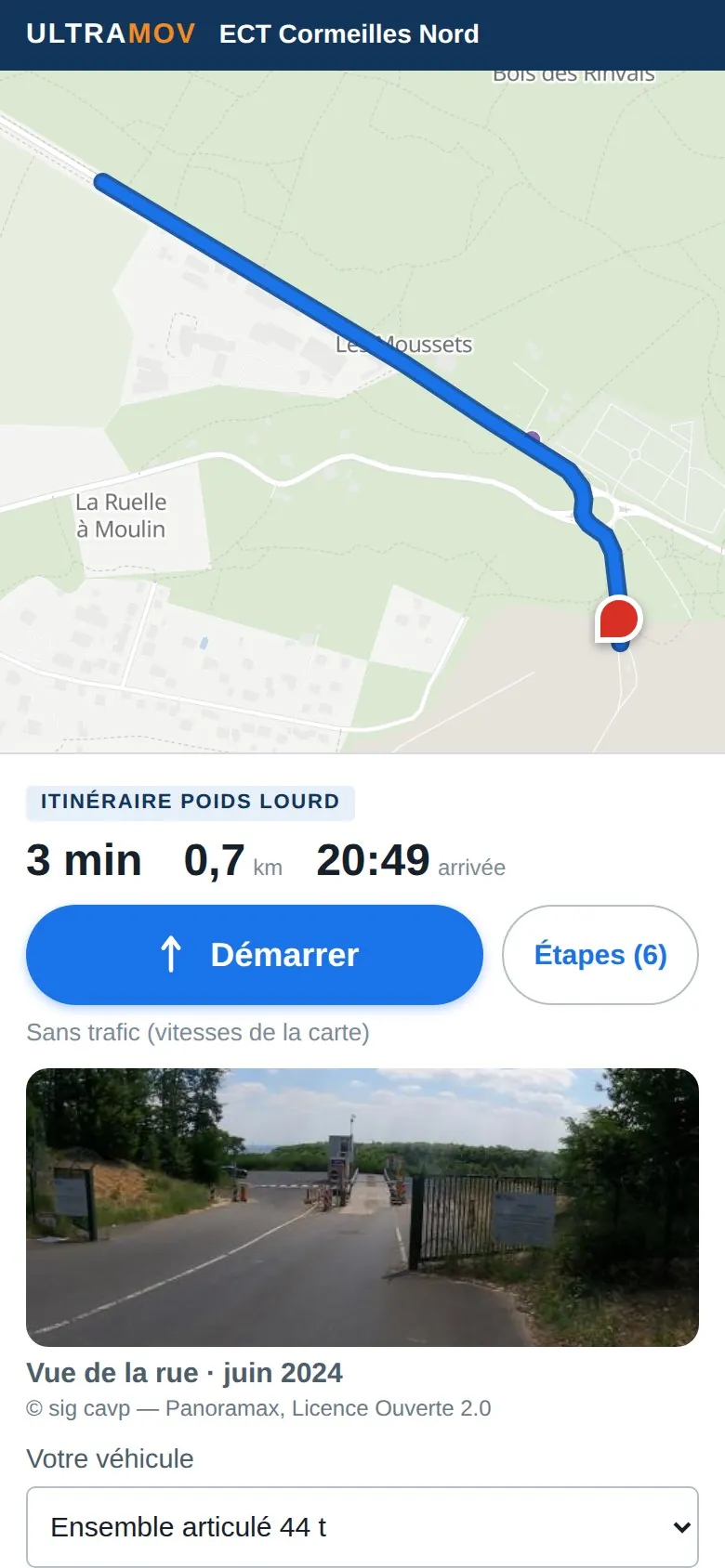 GPS ULTRAMOV : itinéraire vers ECT Cormeilles Nord, avec la photo de l’entrée du site